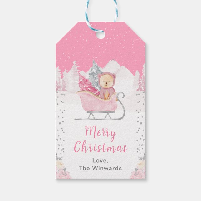 Vinterbjörn Rosa släde God Jul Presentetikett (Framsidan)