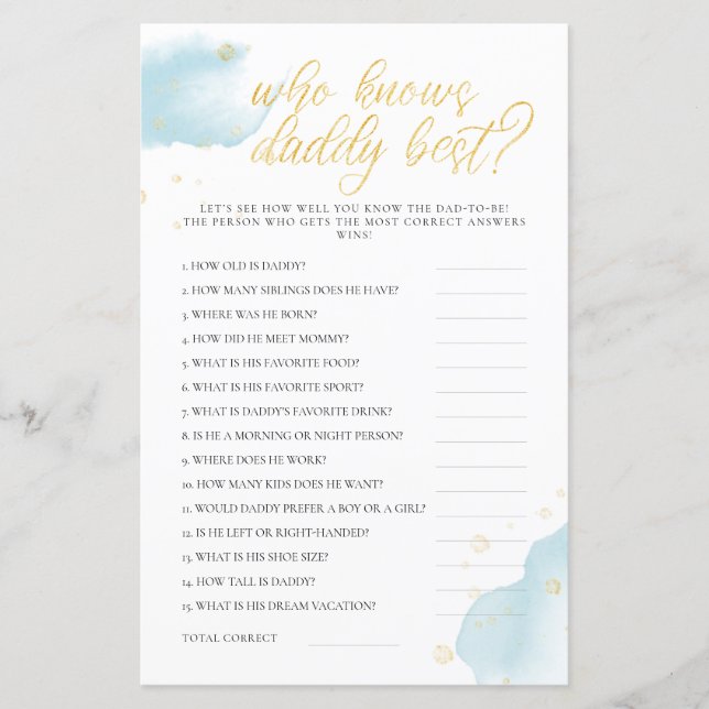 Vinterblå baby shower-spel Vem känner pappa bäst (Framsida)
