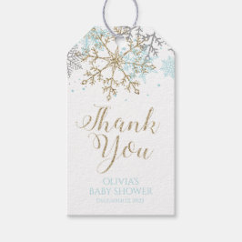 Vinterblå Guld Snöflinga Baby Shower Förmånsetiket Presentetikett