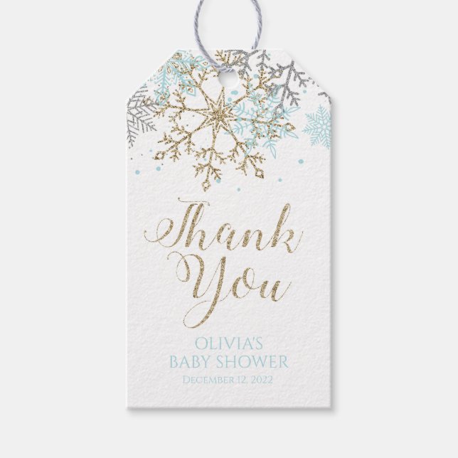 Vinterblå Guld Snöflinga Baby Shower Förmånsetiket Presentetikett (Framsidan)