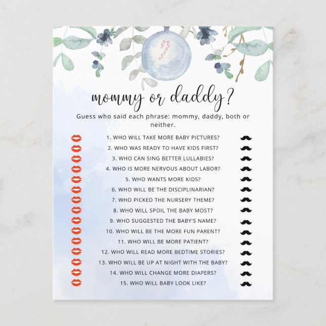 Vinterblå mamma eller pappa baby shower spel (Framsida)
