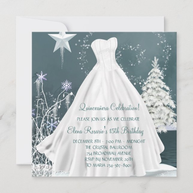 Vinterblå snöflingor Quinceanera-inbjudningar Inbjudningar (Framsida)