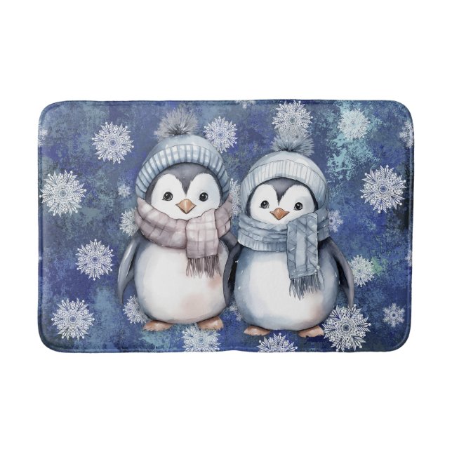 Vinterblå vattenfärg Penguins Scarves Hats Badrumsmatta (Framsidan)