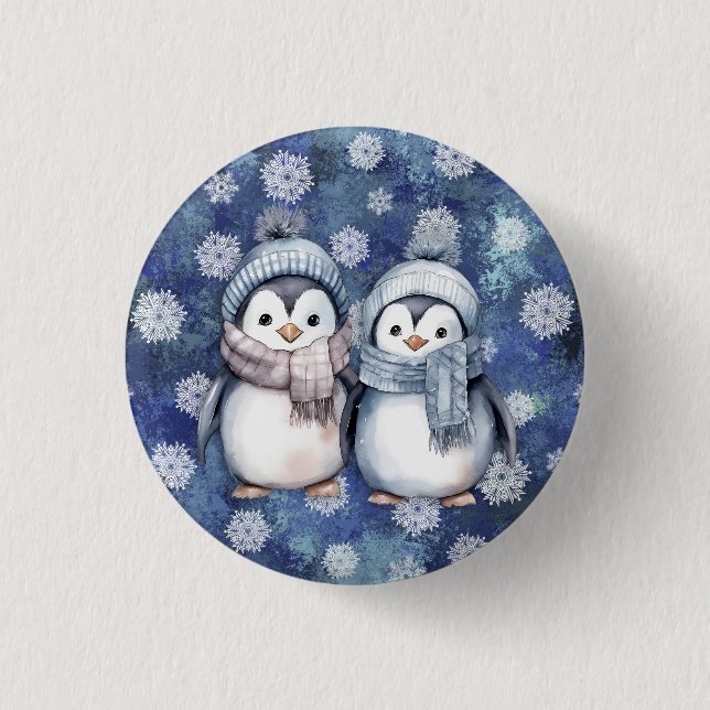Vinterblå vattenfärg Penguins Scarves Hats Knapp (Framsida)