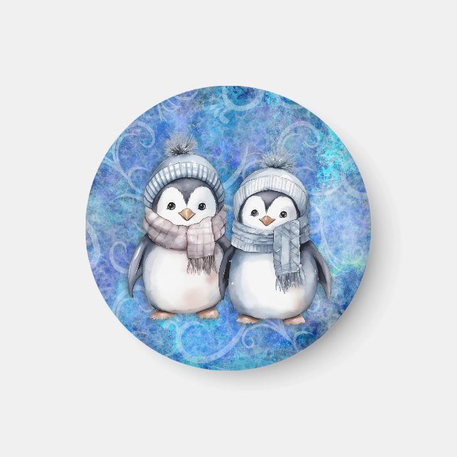 Vinterblå vattenfärg Penguins Scarves Hats Magnet (Framsidan)