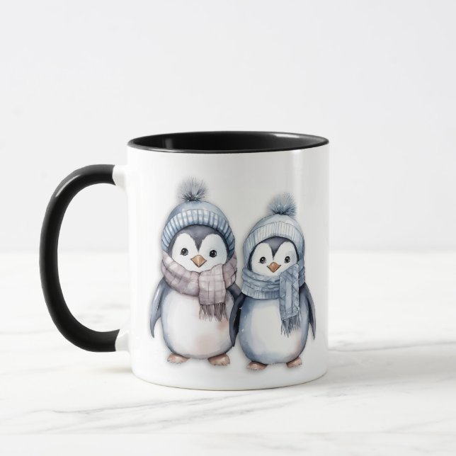 Vinterblå vattenfärg Penguins Scarves Hats Mugg (Vänster)