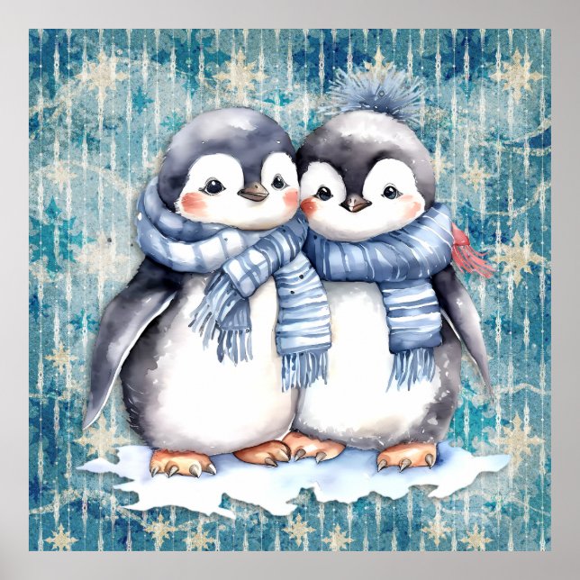 Vinterblå vattenfärg Penguins Scarves Hats Poster (Framsidan)
