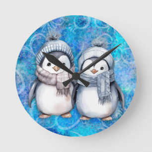 Vinterblå vattenfärg Penguins Scarves Hats Rund Klocka