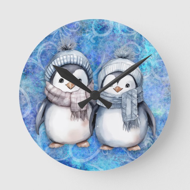 Vinterblå vattenfärg Penguins Scarves Hats Rund Klocka (Framsida)