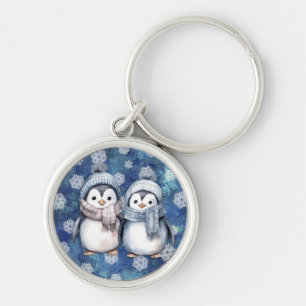 Vinterblå vattenfärg Penguins Scarves Hats Rund Silverfärgad Nyckelring