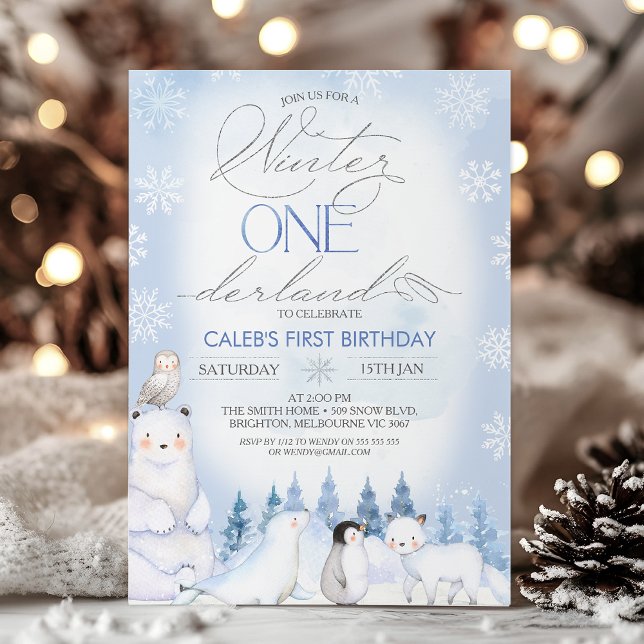 Vinterblåa arktiska djur i nederland 1:a födelseda inbjudningar (Onederland Arctic Animals Birthday Invitation, Boys Winter Onederland Invitation Template, Blue )