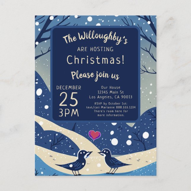 Vinterblåa fåglar i Kärlek jul Bröllop Vykort (Framsida)