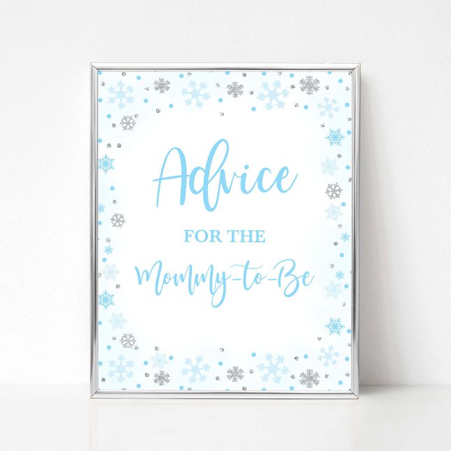 Vinterblått råd för att Mamman ska vara visningssk Poster (Advice for the Mommy-to-be Winter Baby Shower Sign, Blue & Silver Glitter Snowflakes)