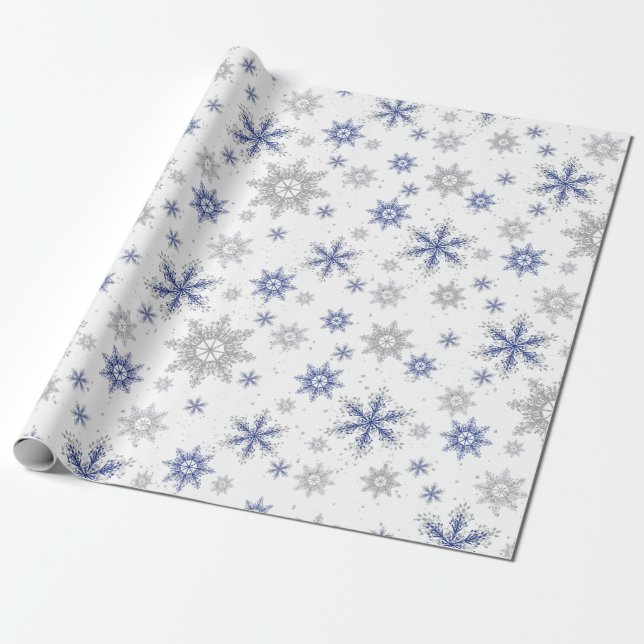Vinterblått Silver Snöflingor Glitter Presentpapper (Utrullad)