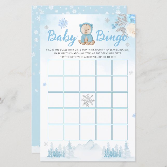 Vinterblått vattenfärgsspel Baby Bingo Baby Shower (Fram/baksida)