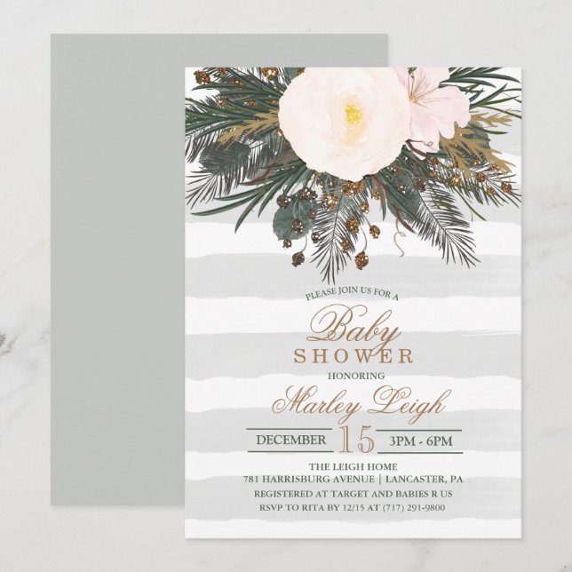 Vinterblomma Glitter Baby Shower-inbjudan Inbjudningar (Fram/baksida)