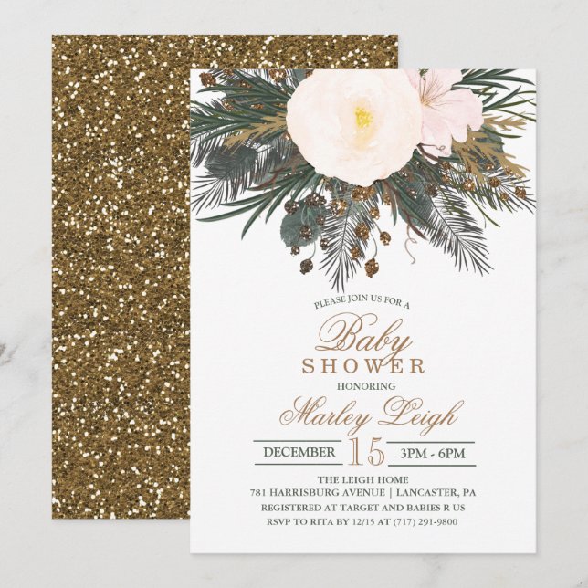 Vinterblomma Glitter Baby Shower-inbjudan Inbjudningar (Fram/baksida)