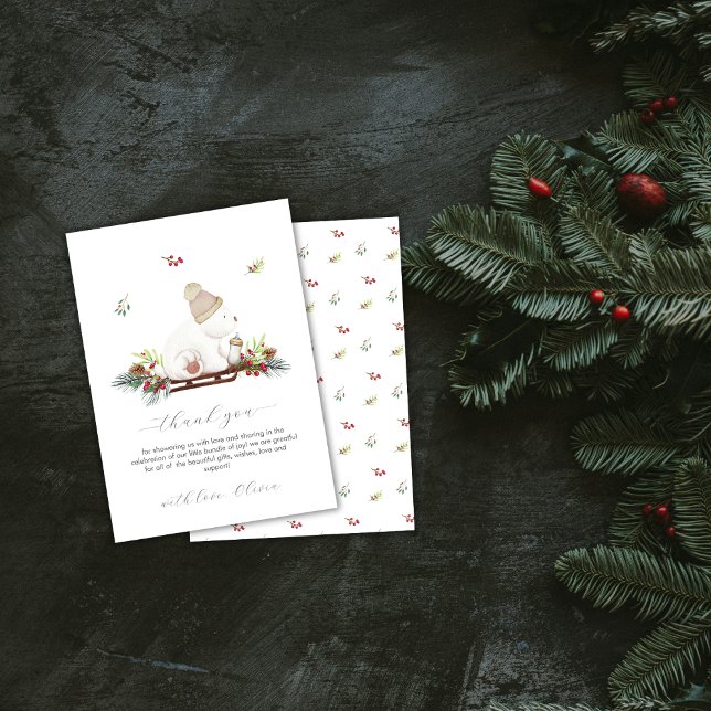 Vinterblomma släde isbjörn baby shower  tack kort (Winter Floral Sleigh Polar Bear Baby Shower Thank You Card)