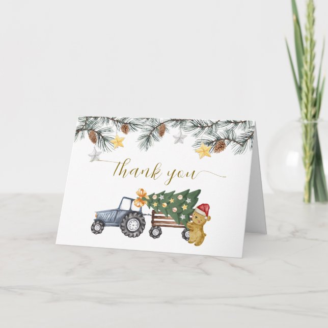 Vinterblomma X'mas Träd Traktor Björn Bebis Duscha Tack Kort (Framsida)