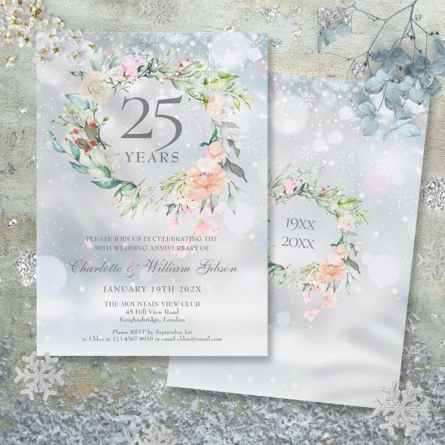 Vinterblommig 25-års silverbröllopsdag inbjudningar (Winter Floral 25th Silver Wedding Anniversary Invitation)