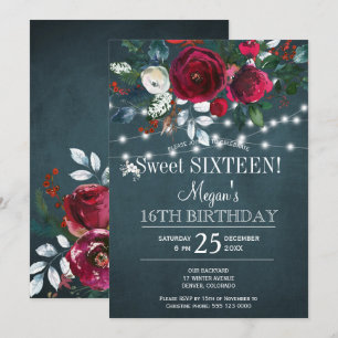 Vinterblommig elegant burgunderröd sweet sixteen inbjudningar