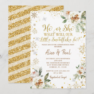 VinterBlommigt Guld Snowflake Gender Reveal Inbjudningar