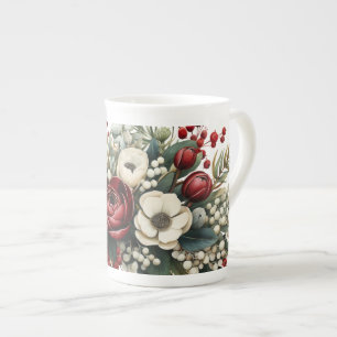 VinterBlommigtar Grönt Röd vit, utvidgad Benporslin Mugg
