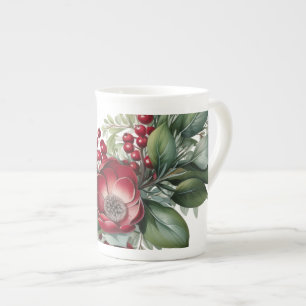 VinterBlommigtar Grönt Röd vit, utvidgad Benporslin Mugg