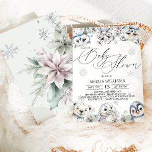 Vinterblommor Arktiska Djur Baby Shower Inbjudningar