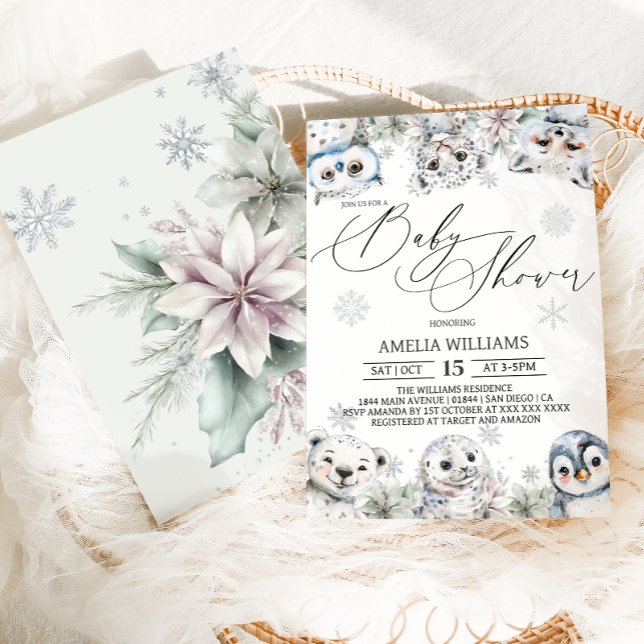 Vinterblommor Arktiska Djur Baby Shower Inbjudningar (Skapare uppladdad)
