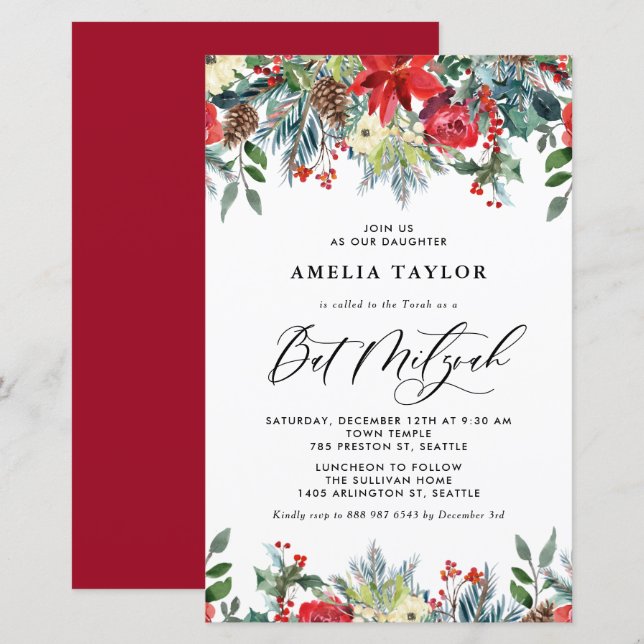 Vinterblommor Blommig Bat Mitzvah-inbjudan (Fram/baksida)