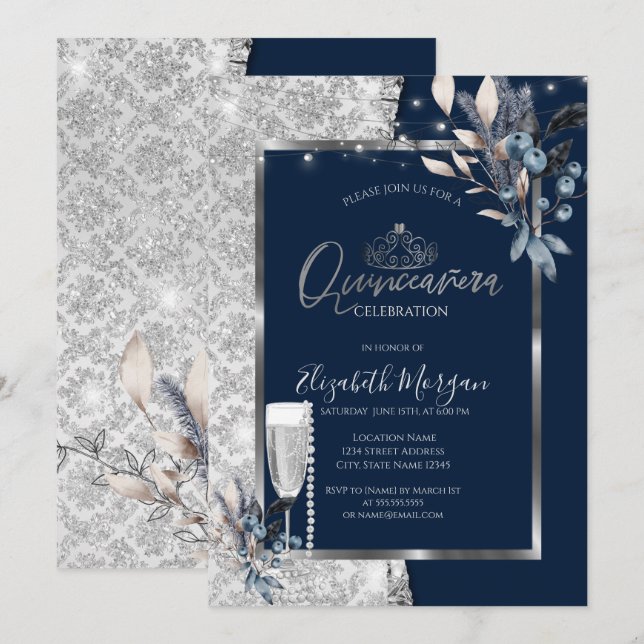 Vinterblommor,Glass Pearls Navy Blue Quinceanera Inbjudningar (Fram/baksida)