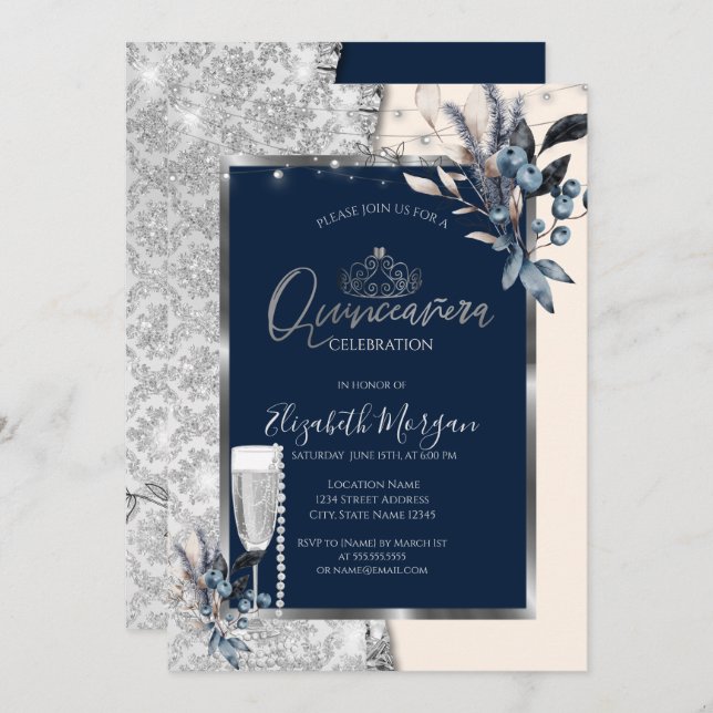 Vinterblommor,Prosecco Navy Blue Quinceanera Inbjudningar (Fram/baksida)