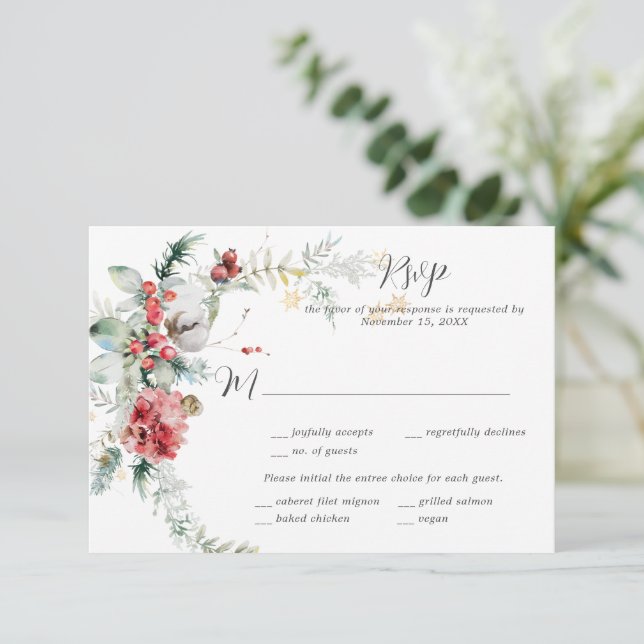 Vinterblommor Röda Kinder Vita Tall Ormbunkar RSVP OSA Kort (Stående Fram)