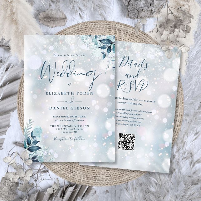 Vinterblommor Snöflingor QR-kod Bröllop Inbjudningar (Winter Floral Snowflakes QR Code Wedding Invitation)