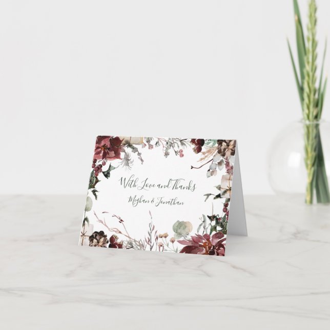 Vinterblomningar - Mörk Skoggrön - Bröllop Tack Kort (Framsida)