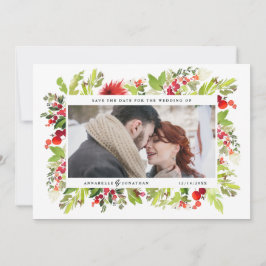 Vinterbotaniskt bladfärgfoto med rött vattenfärg spara datumet