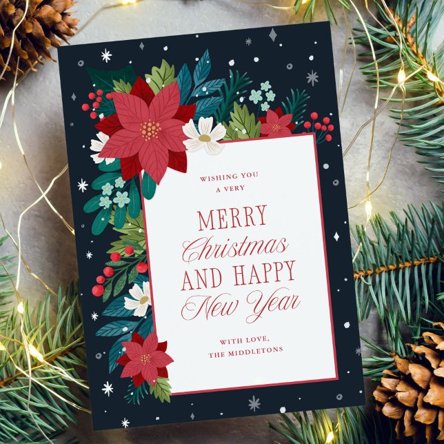 Vinterbotaniskt färgat God jul Julkort (illustrated winter botanical flowers and leaves Merry Christmas greeting card)