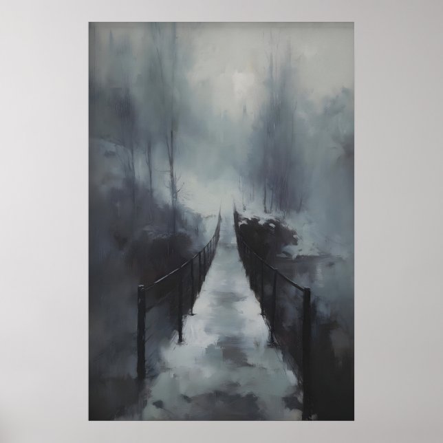 Vinterbro över frusen bäck, gotisk snöig poster (Framsidan)
