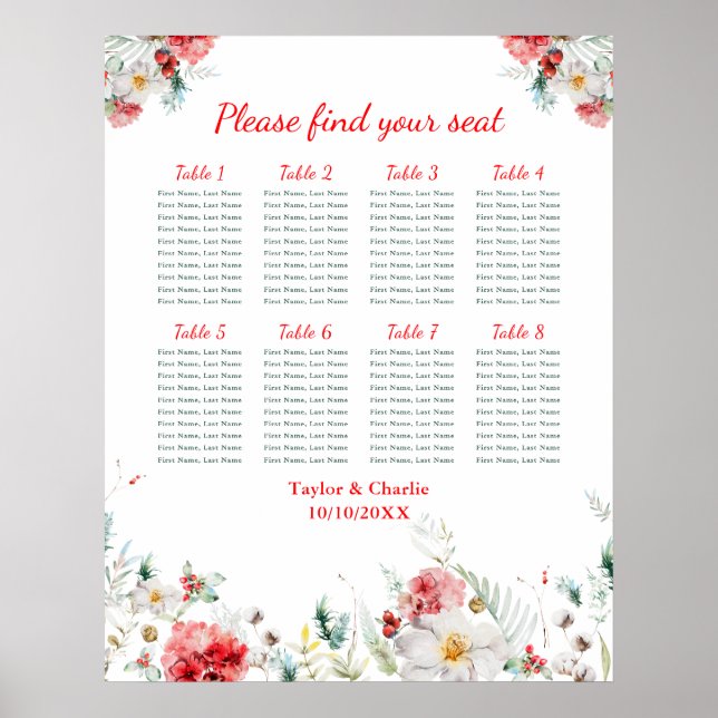 Vinterbröllop Blommig Bordskarta 8 Bord Poster (Framsidan)