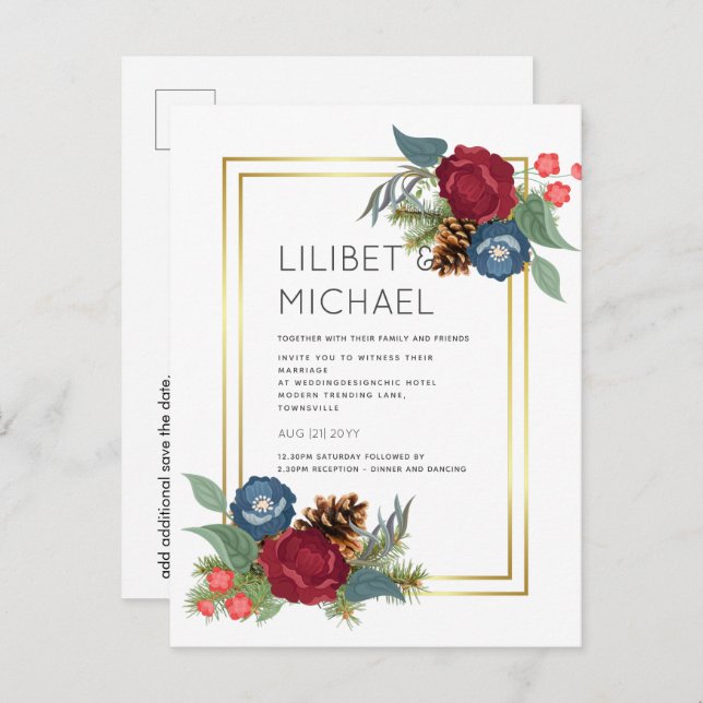 Vinterbröllop Burgundy Teal Blue Modern Vykort (Fram/baksida)