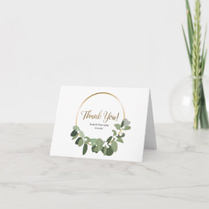 Vinterbröllop eucalyptus guld krans enkelt tack kort