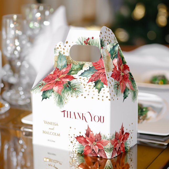 Vinterbröllop favör poinsettia guld mall presentaskar (Winter wedding favors red poinsettia gold sprinkles template favor box)