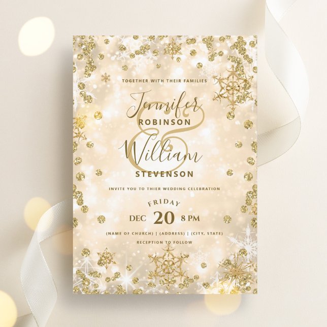 Vinterbröllop för den framtida Eleganten Guld GNIS Inbjudningar (Festive Gold SPARKLE Elegant Winter Wedding Invitation)