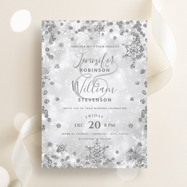 Vinterbröllop för den framtida Eleganten Silver GN Inbjudningar (Festive Silver SPARKLE Elegant Winter Wedding Invitation)