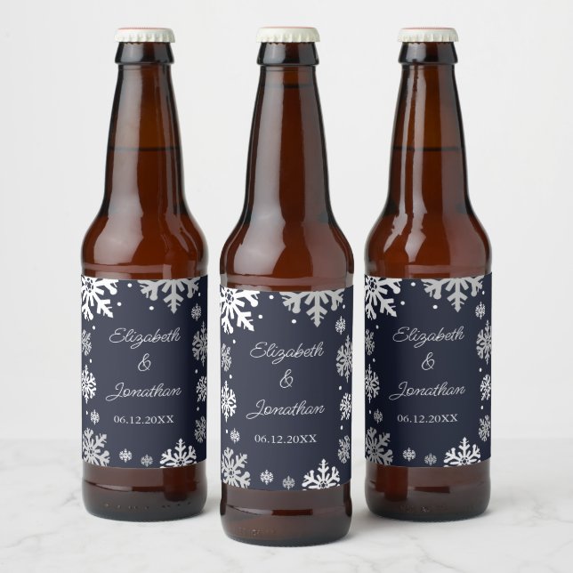 Vinterbröllop för marinblå Snöflingor Ölflaska Etikett (Flaskor)