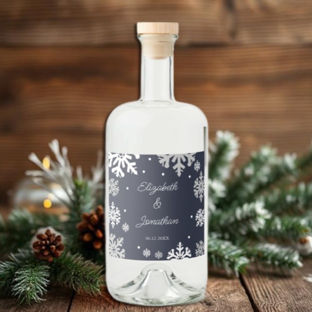 Vinterbröllop för marinblå Snöflingor Spritflaskor Etikett (Skapare uppladdad)