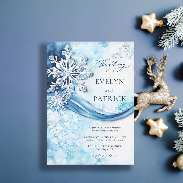Vinterbröllop för modern Elegant i Snöflingor Inbjudningar (winter wedding invitation elegant white frozen snow blue white silver modern classic christmas)