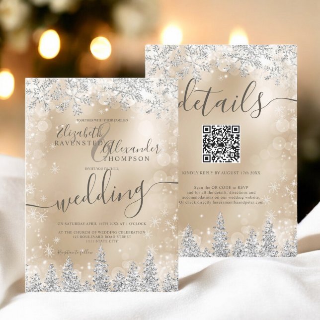 vinterbröllop förra året silver guld snö gräs inbjudningar (Silver gold snow pine Christmas winter wedding qr Invitation)