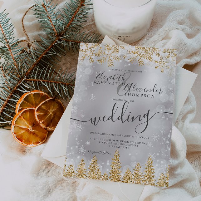 vinterbröllop guld silver snö gräs i inbjudningar (Gold silver snow pine Christmas winter wedding Invitation)